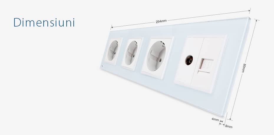 Priza cvadrupla Livolo cu rama din sticla 3 prize simple+TV/internet — imaginea 2