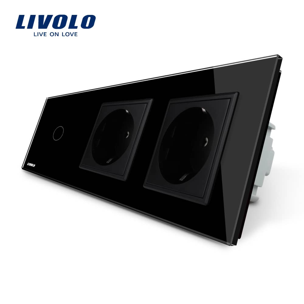 Intrerupator LIVOLO simplu cap scara / cap cruce cu touch si 2 prize din sticla