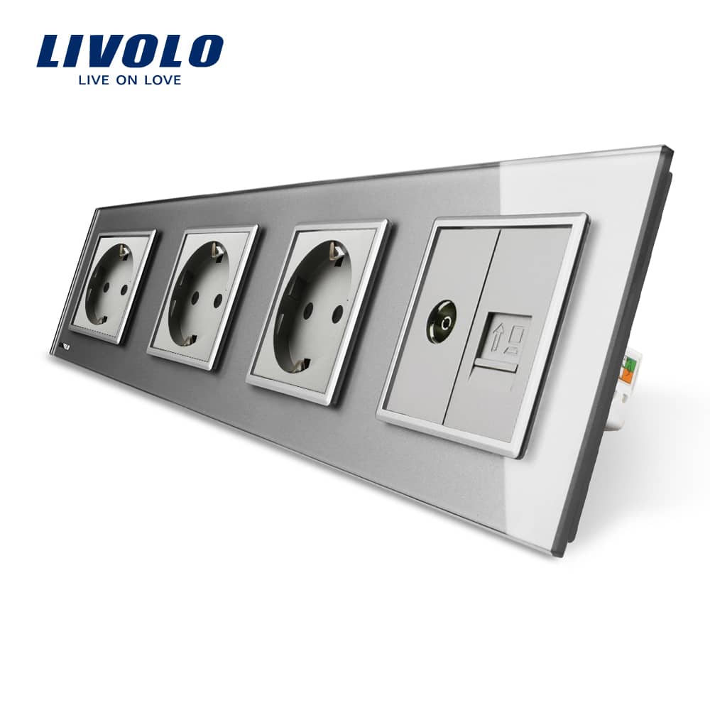 Priza cvadrupla Livolo cu rama din sticla 3 prize simple+TV/internet
