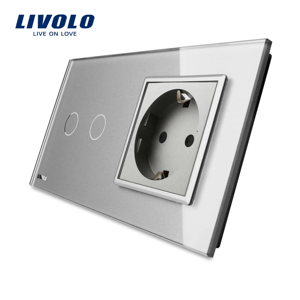 Intrerupator dublu + priza simpla Livolo rama din sticla