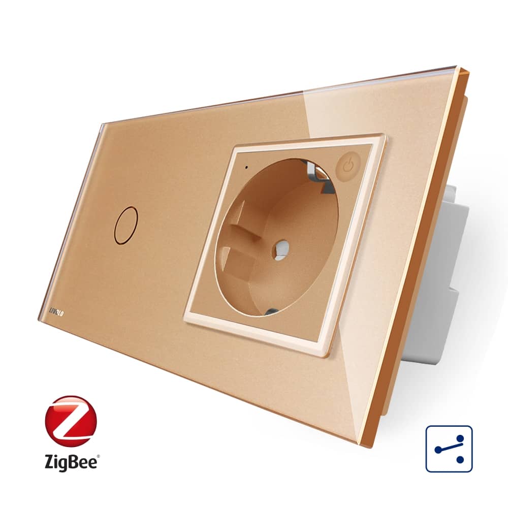 Intrerupator simplu cap scara / cap cruce ZigBee + priza simpla Livolo ZigBee, Rama din sticla, Control de pe telefon — imaginea 1