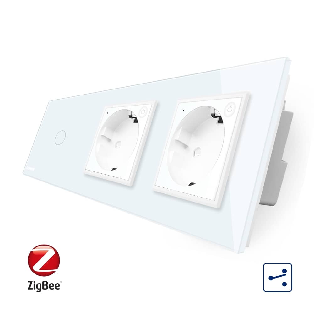 Intrerupator LIVOLO simplu ZigBee cap scara / cap cruce cu touch si 2 prize ZigBee din sticla, Control de pe telefon — imaginea 1