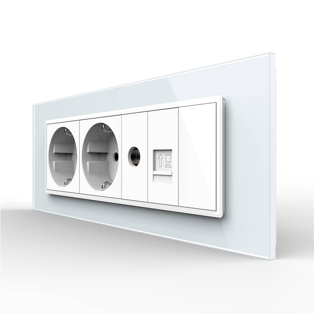 Priza Tripla cu Blank Livolo cu Rama din Sticla 2 Prize Schuko+TV/internet, Standard Italian - Serie Noua