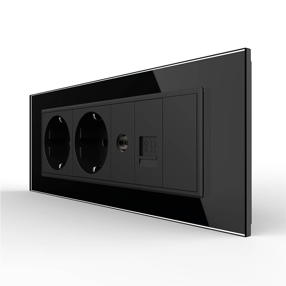Priza Tripla cu Blank Livolo cu Rama din Sticla 2 Prize Schuko+TV/internet, Standard Italian - Serie Noua