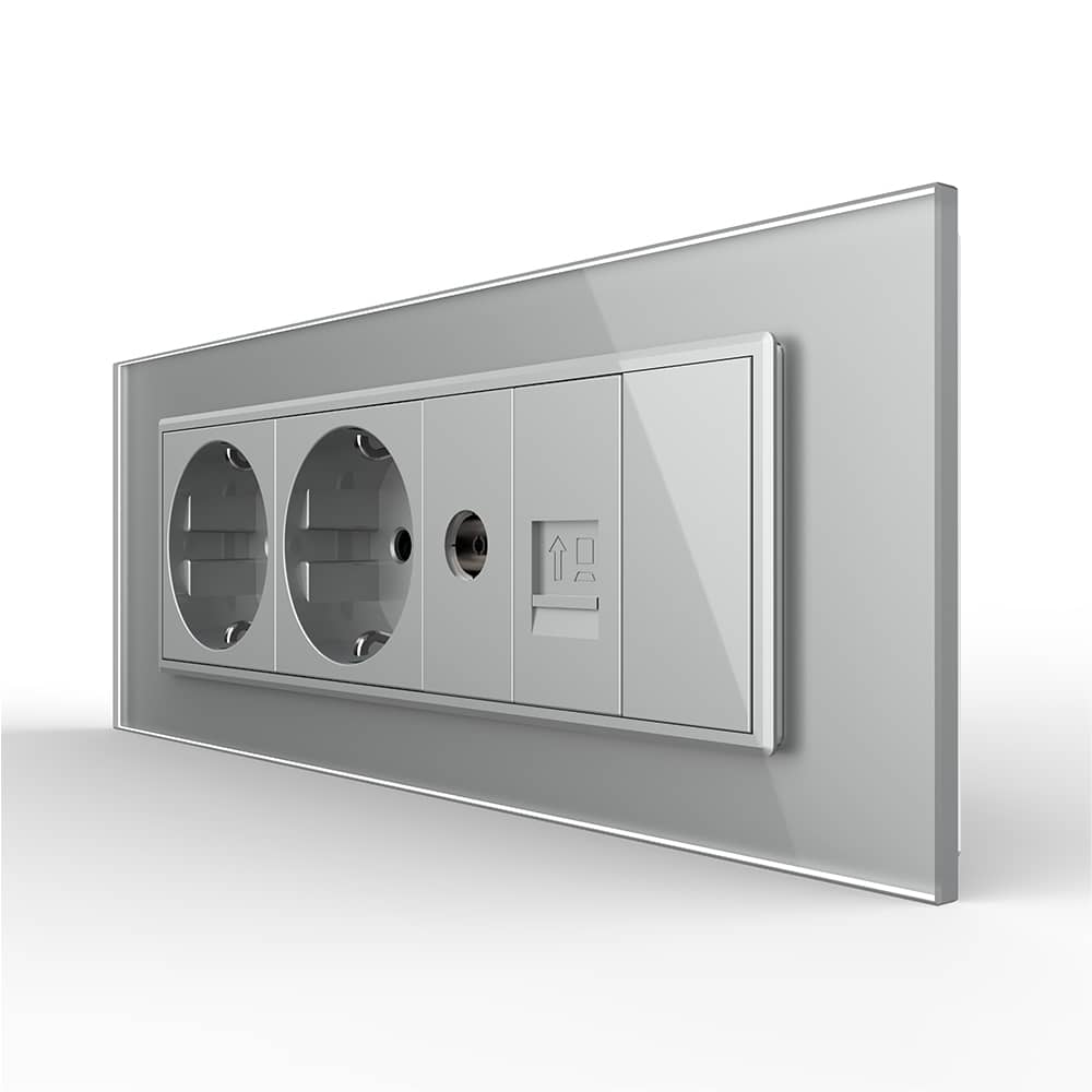 Priza Tripla cu Blank Livolo cu Rama din Sticla 2 Prize Schuko+TV/internet, Standard Italian - Serie Noua