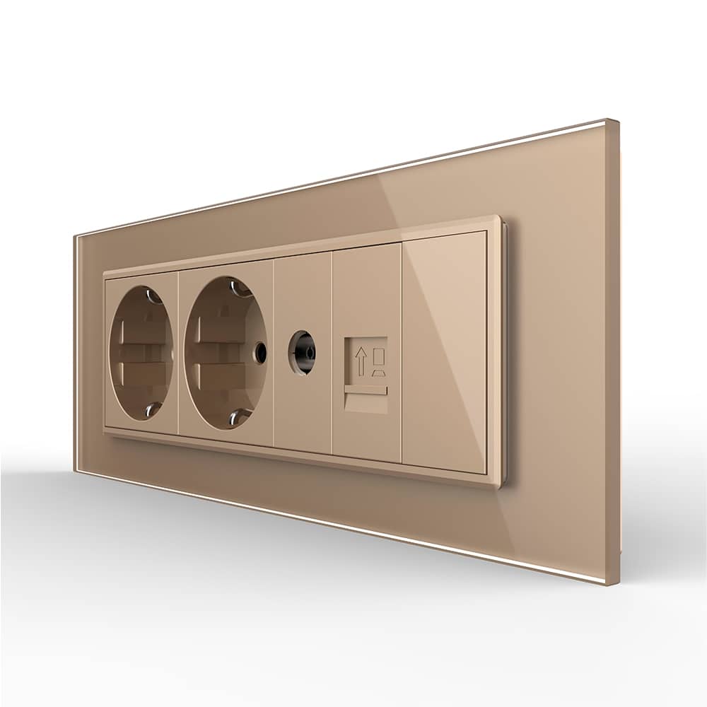 Priza Tripla cu Blank Livolo cu Rama din Sticla 2 Prize Schuko+TV/internet, Standard Italian - Serie Noua