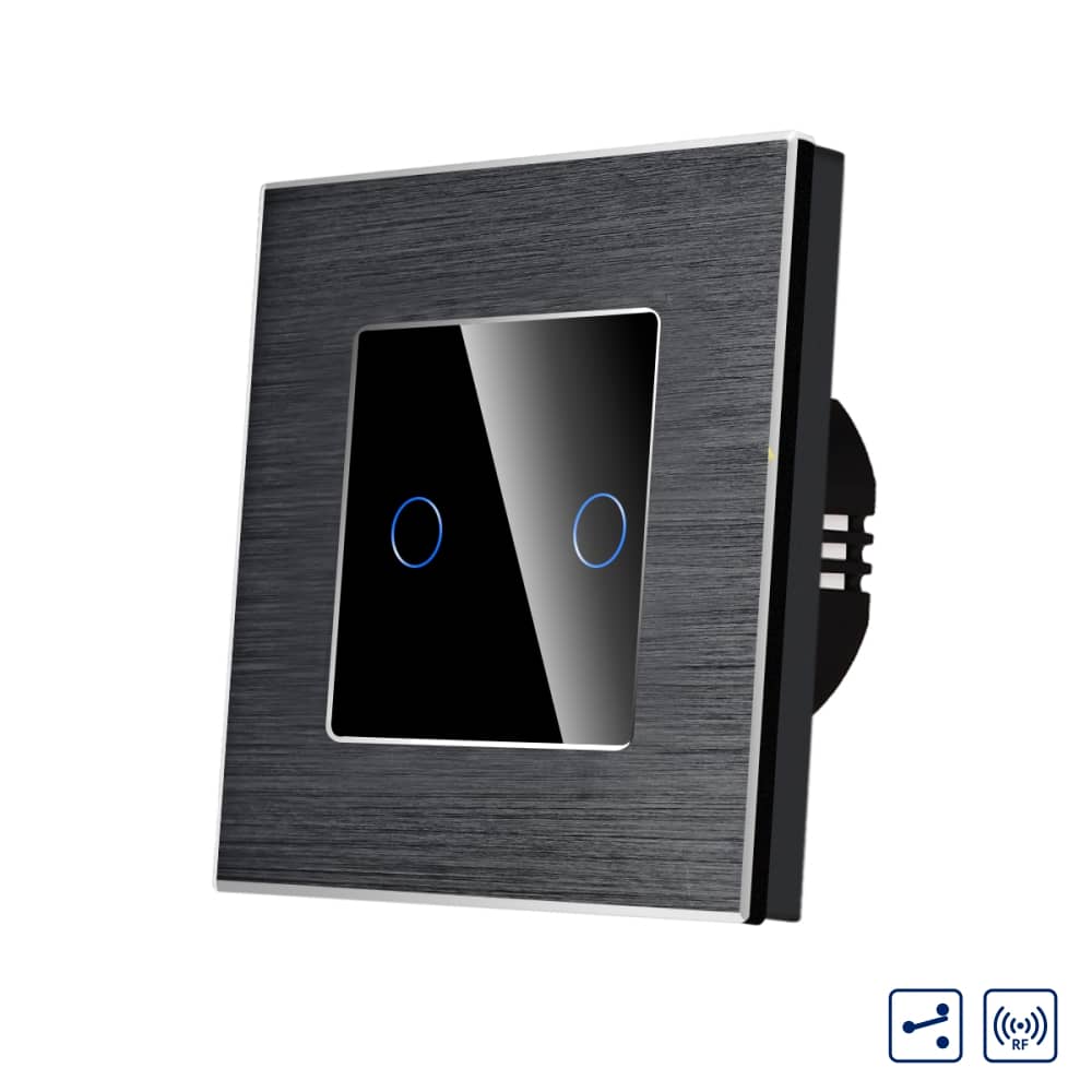 Intrerupator Dublu Cap Scara / Cruce cu Touch din Sticla si Rama de Aluminiu LUXION, RF433