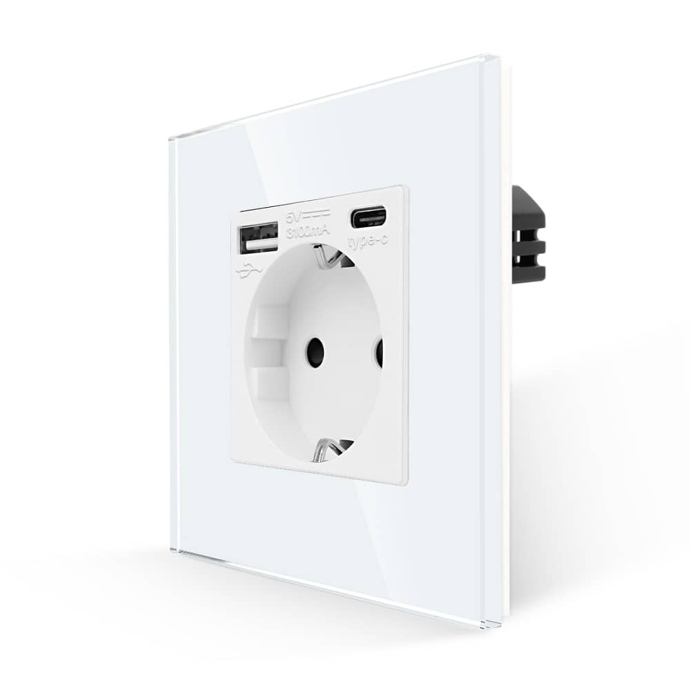 Priza Simpla + USB-A + USB-C LUXION cu Rama din Sticla