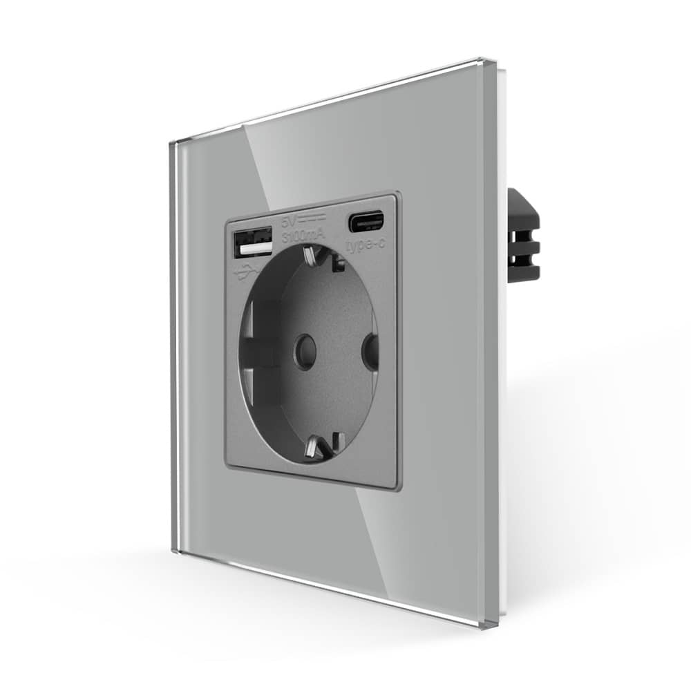 Priza Simpla + USB-A + USB-C LUXION cu Rama din Sticla