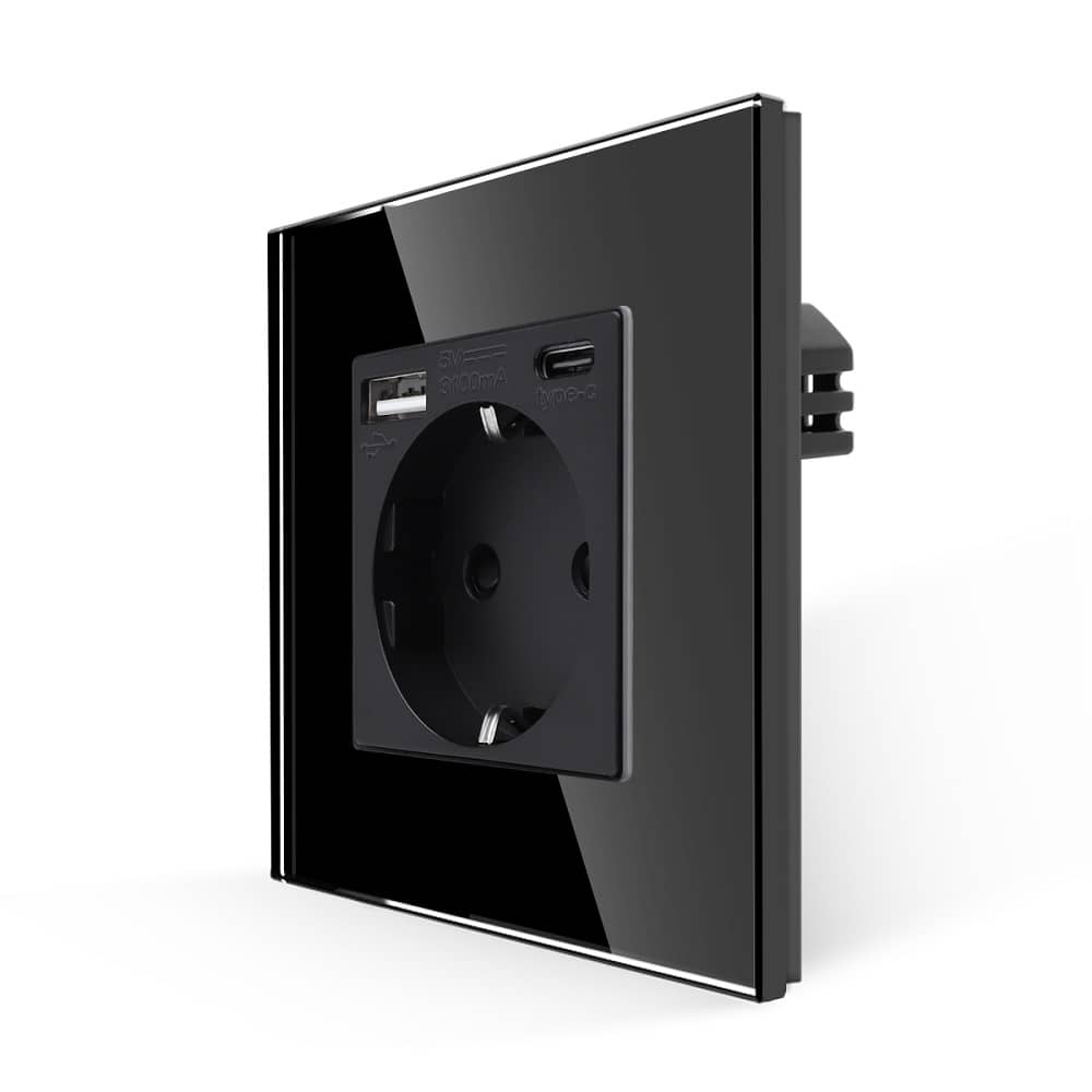 Priza Simpla + USB-A + USB-C LUXION cu Rama din Sticla