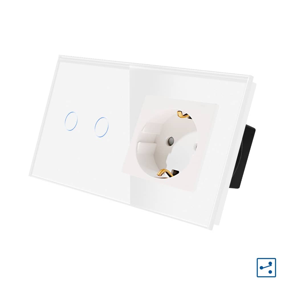 Intrerupator Dublu Cap Scara / Cruce + Priza cu Rama din Sticla LUXION, Serie A