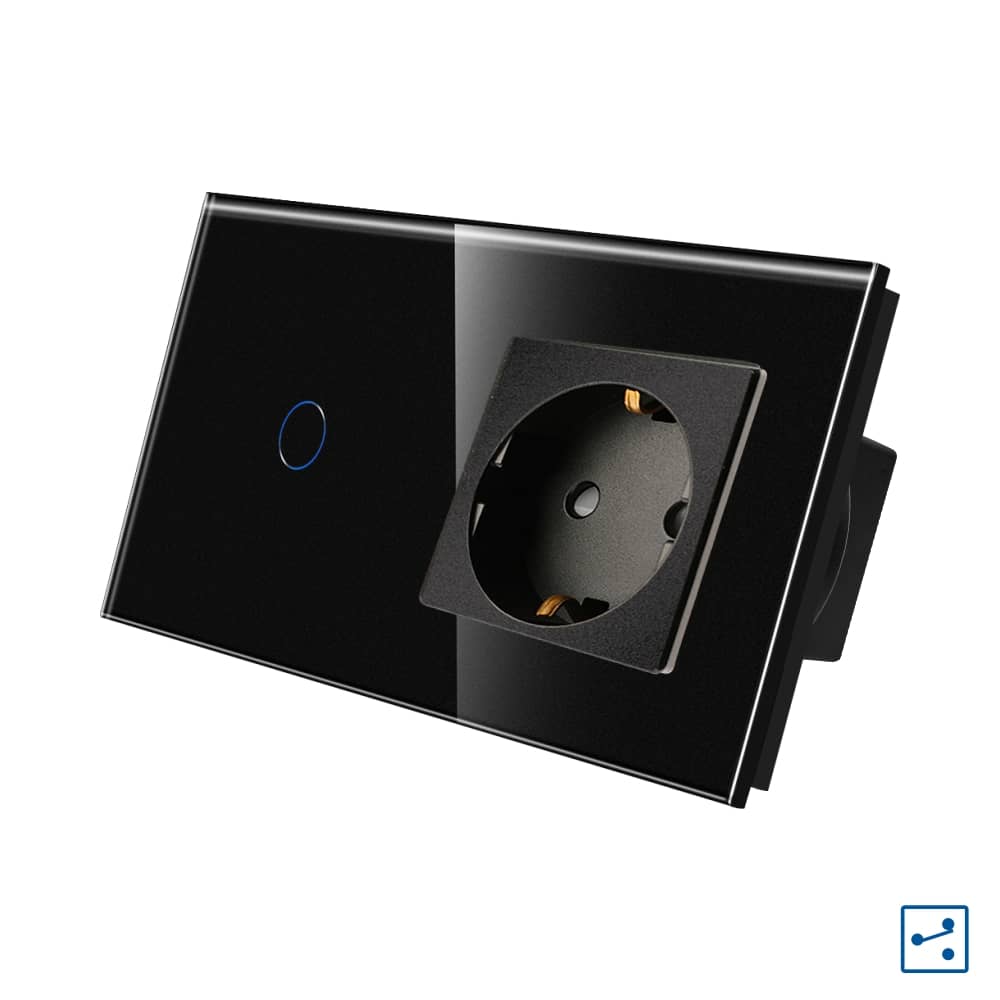 Intrerupator Simplu Cap Scara / Cruce + Priza cu Rama din Sticla LUXION, Serie A