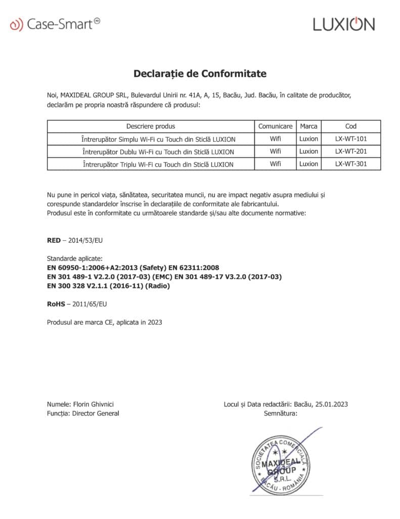 Declarație de conformitate: Wi-Fi (RO)
