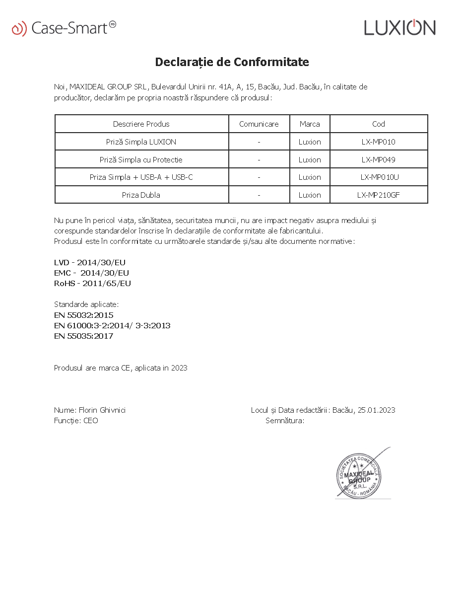 Declarație de conformitate: prize