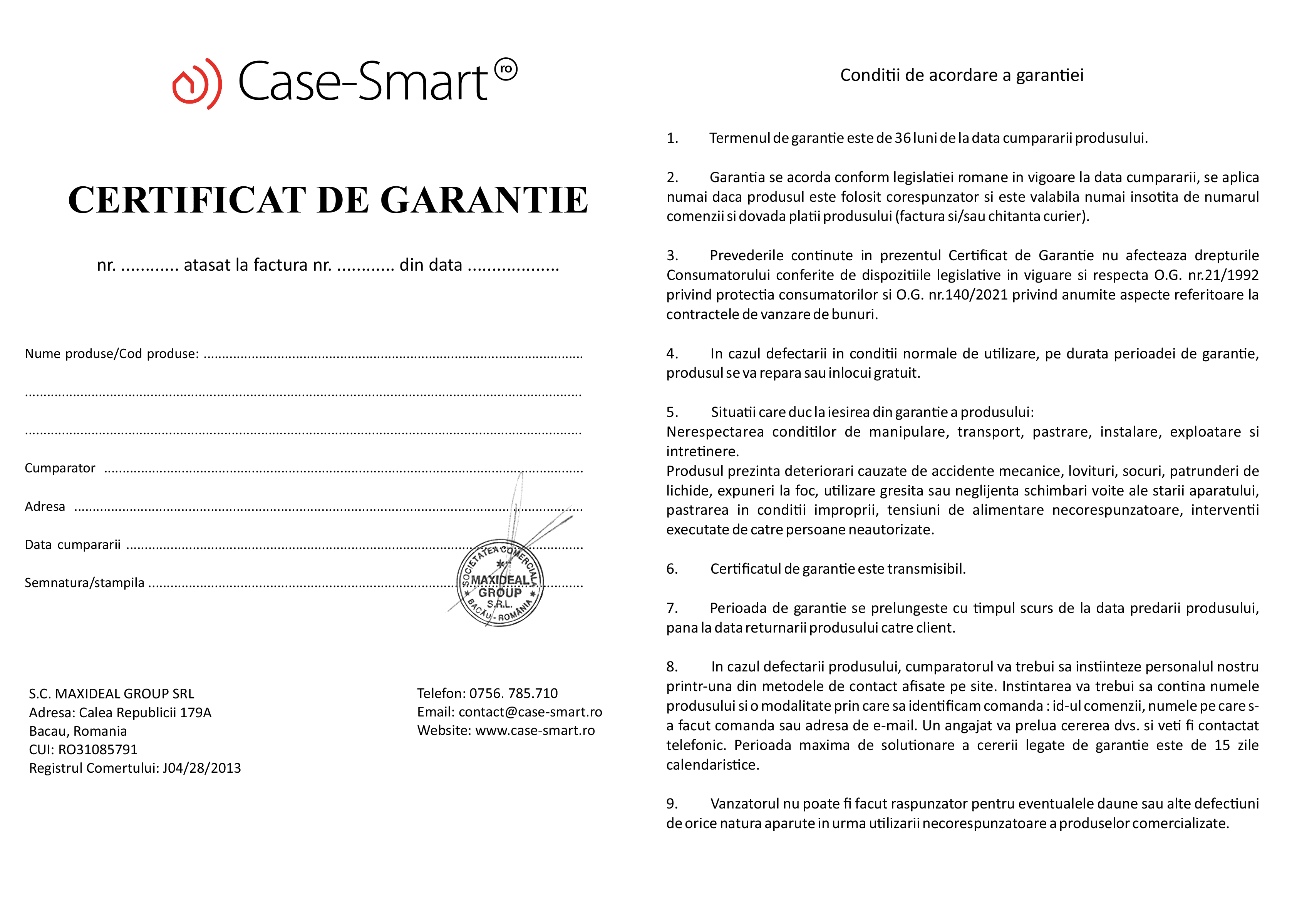 Certificat de garanție Case Smart