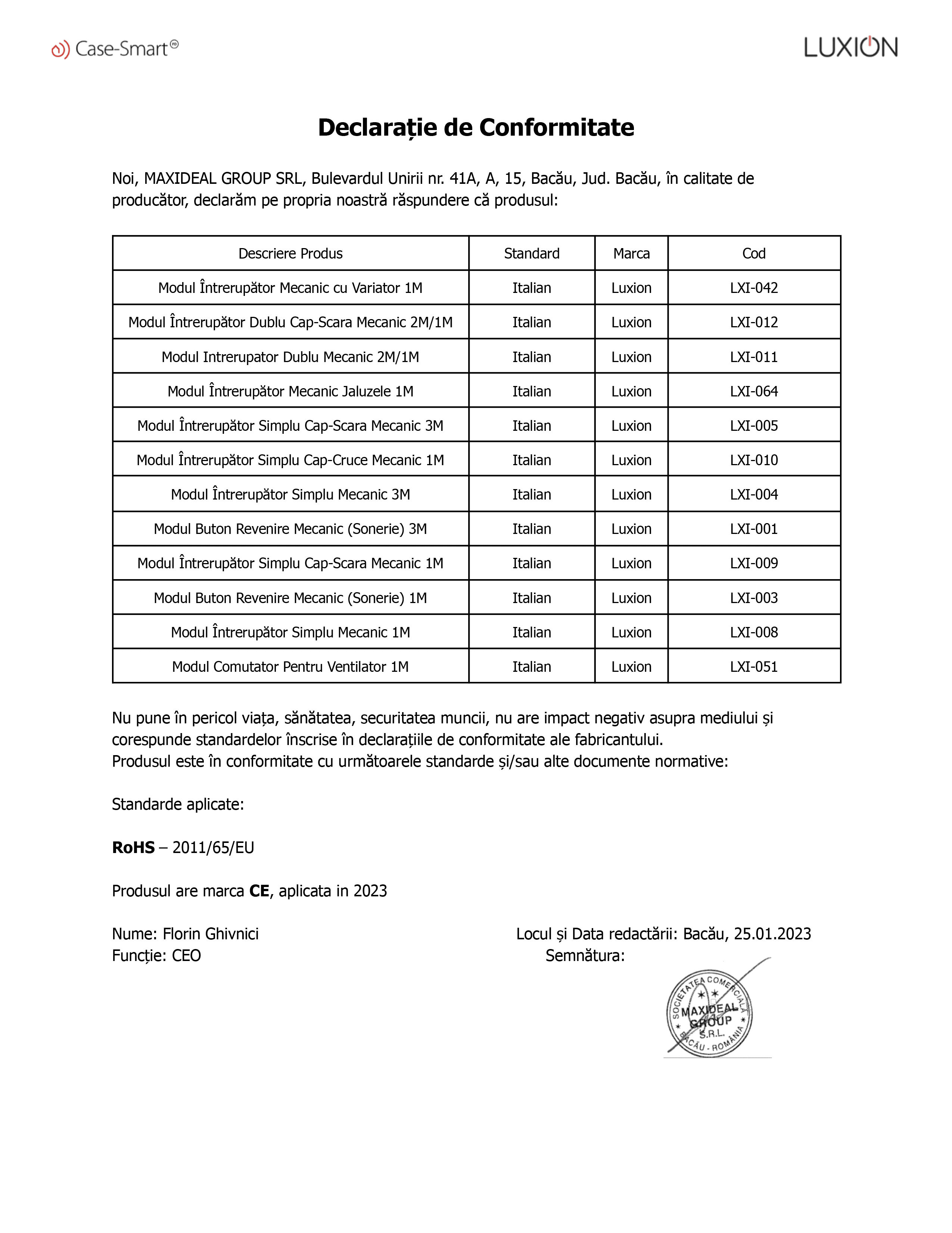 Declarație de conformitate: întrerupătoare LXI