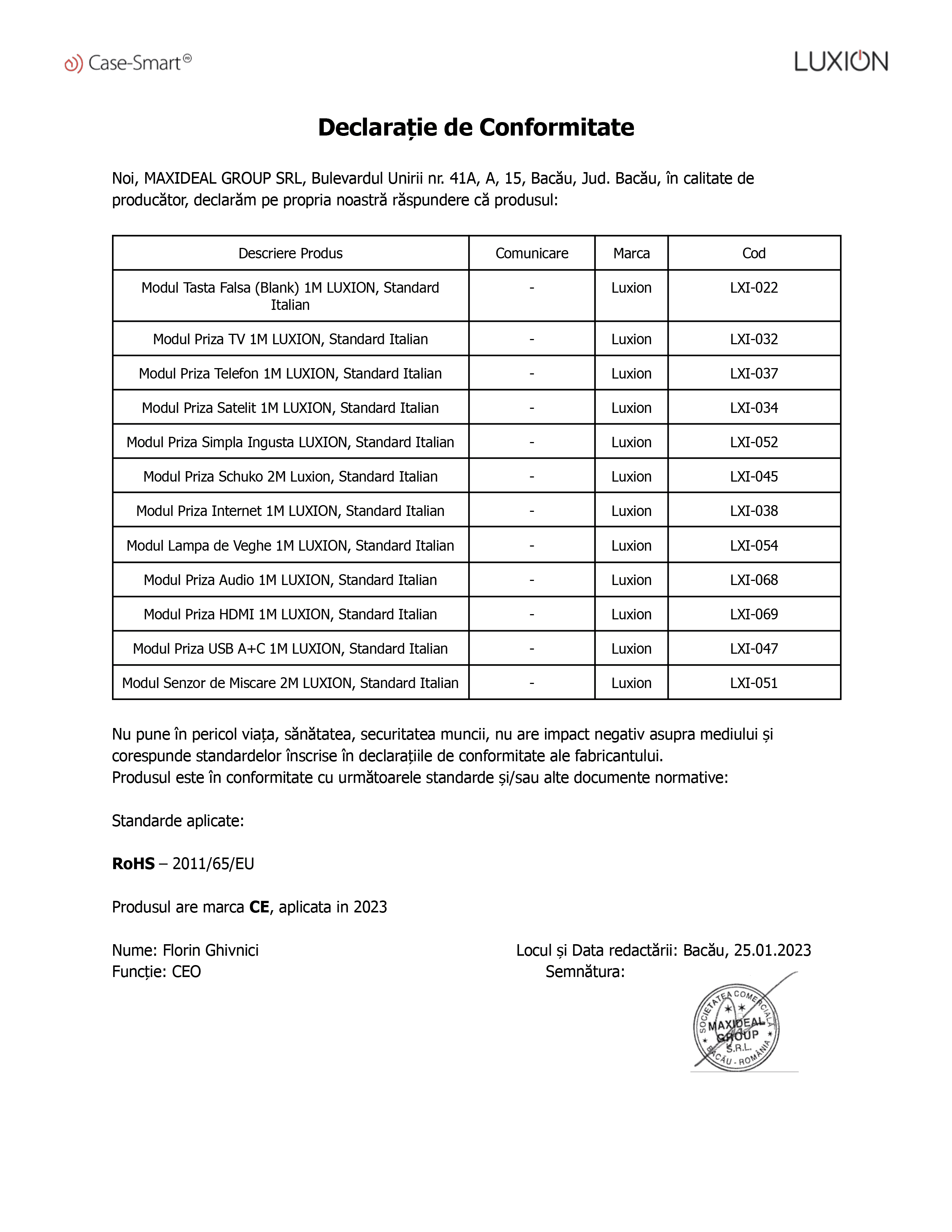 Declarație de conformitate: prize LXI