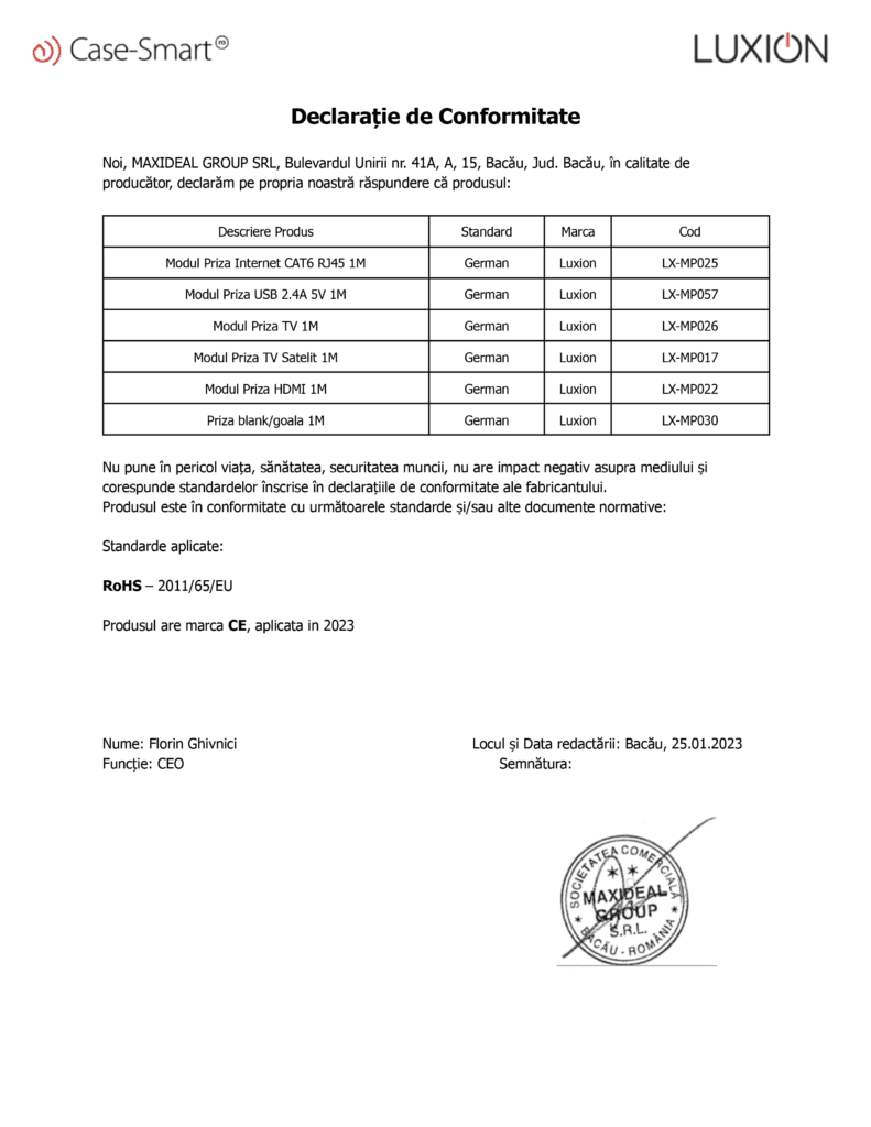 Declarație de conformitate: prize media