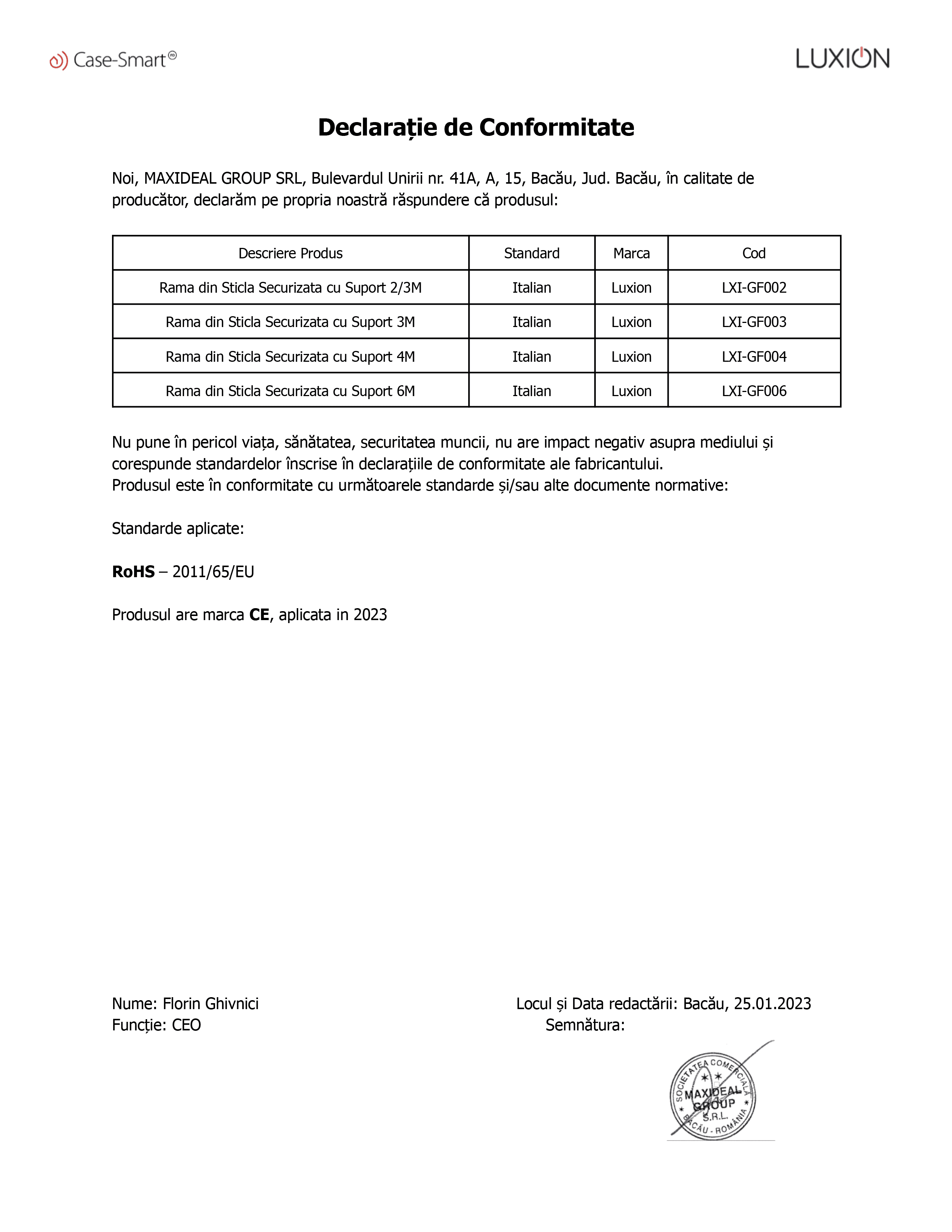 Declarație de conformitate: rame LXI