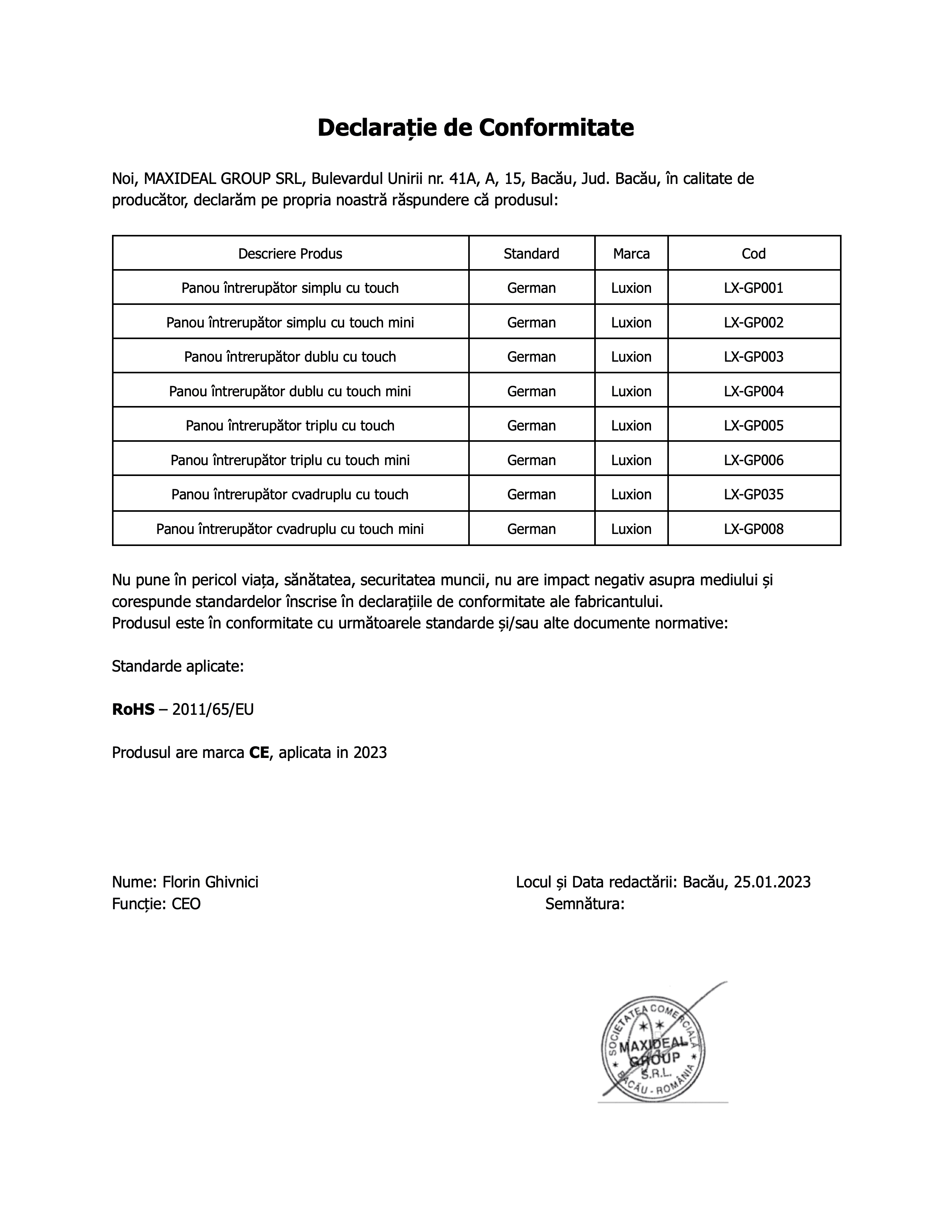 Declarație de conformitate: panouri cu touch