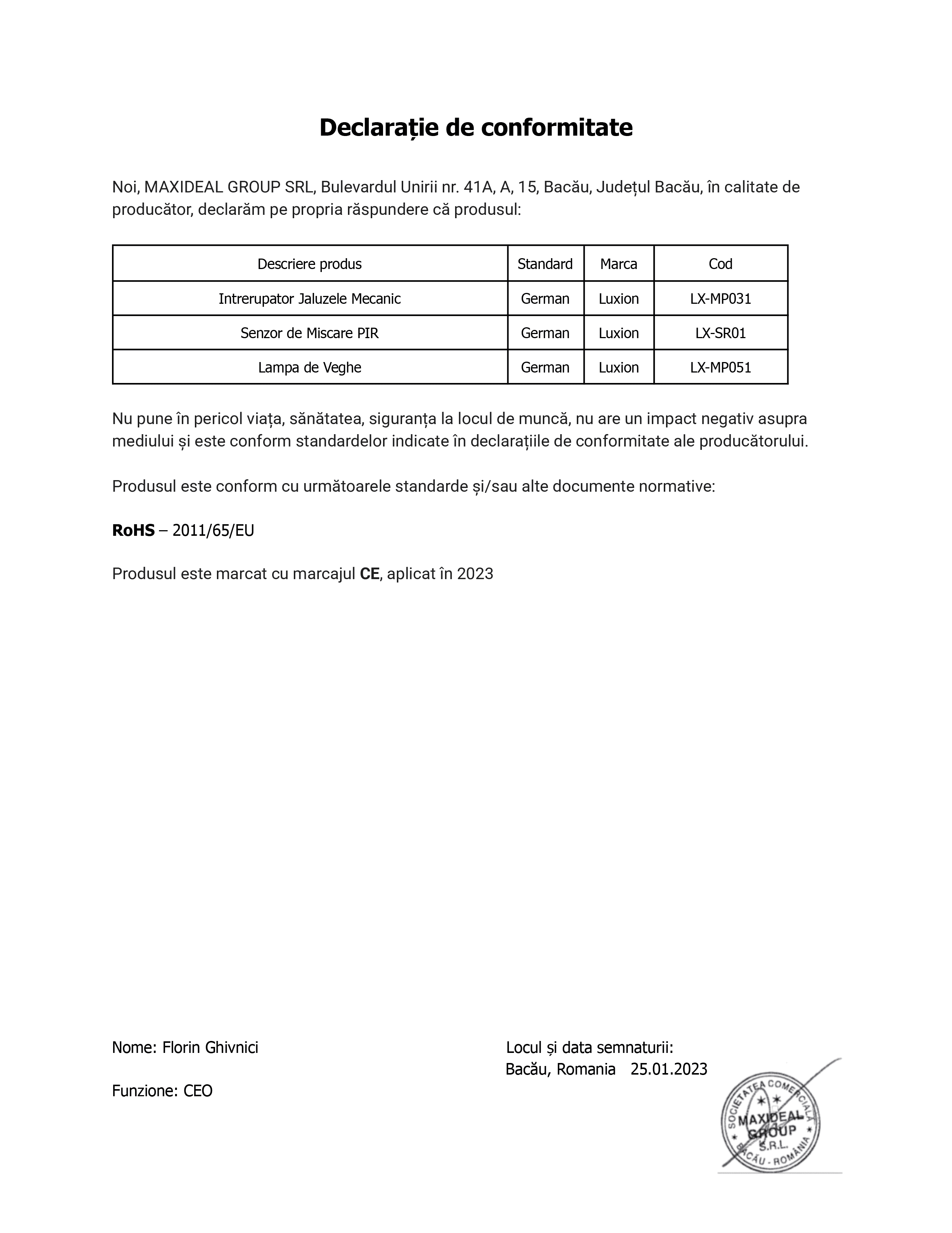 Declarație de conformitate: întrerupătoare jaluzele