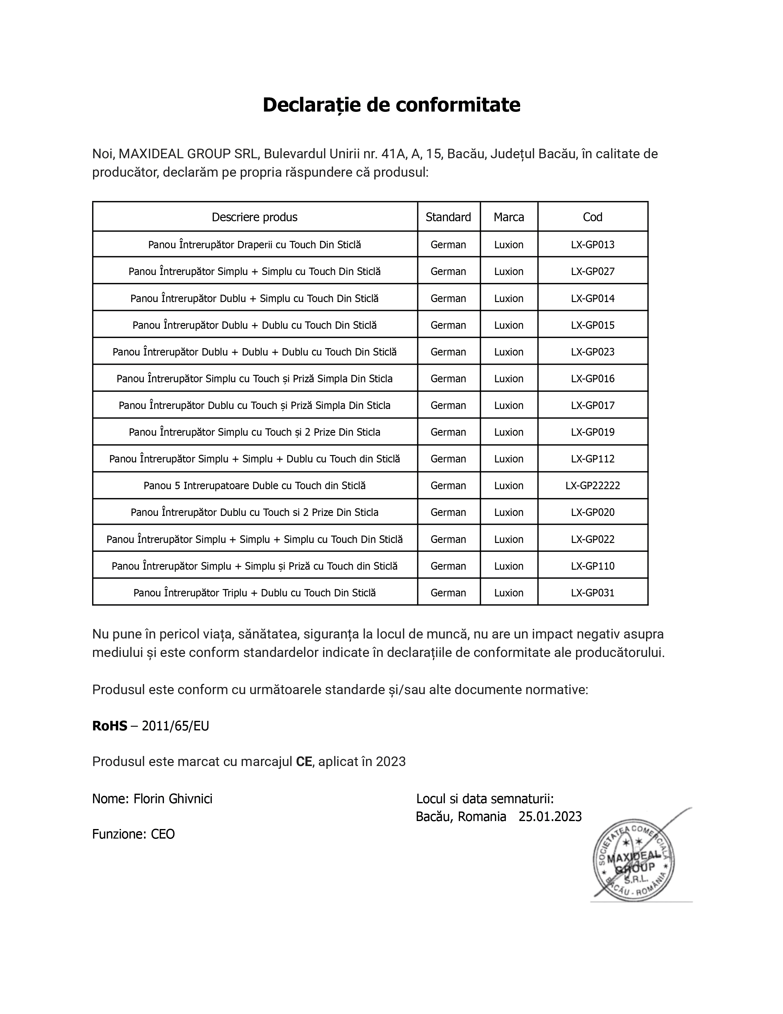 Declarație de conformitate: panouri