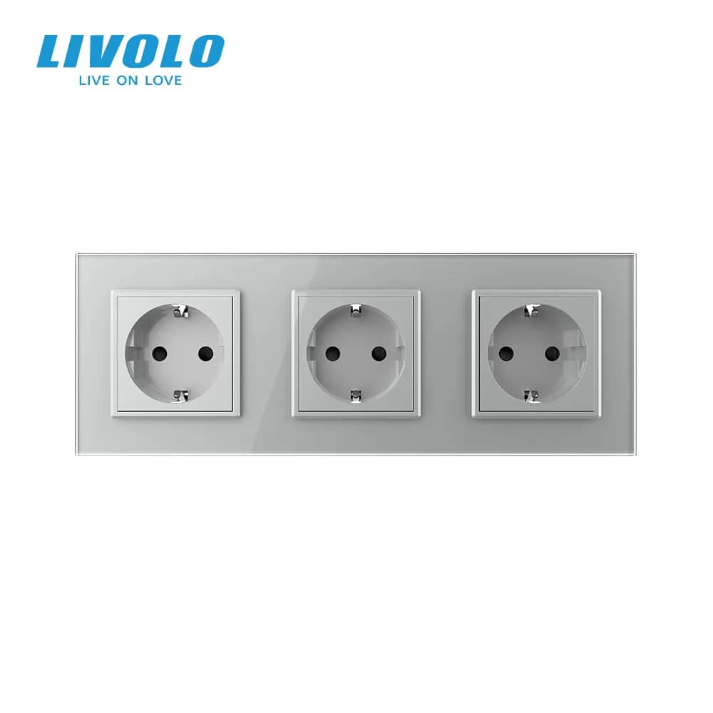 Priza tripla Livolo cu rama din sticla — imaginea 5