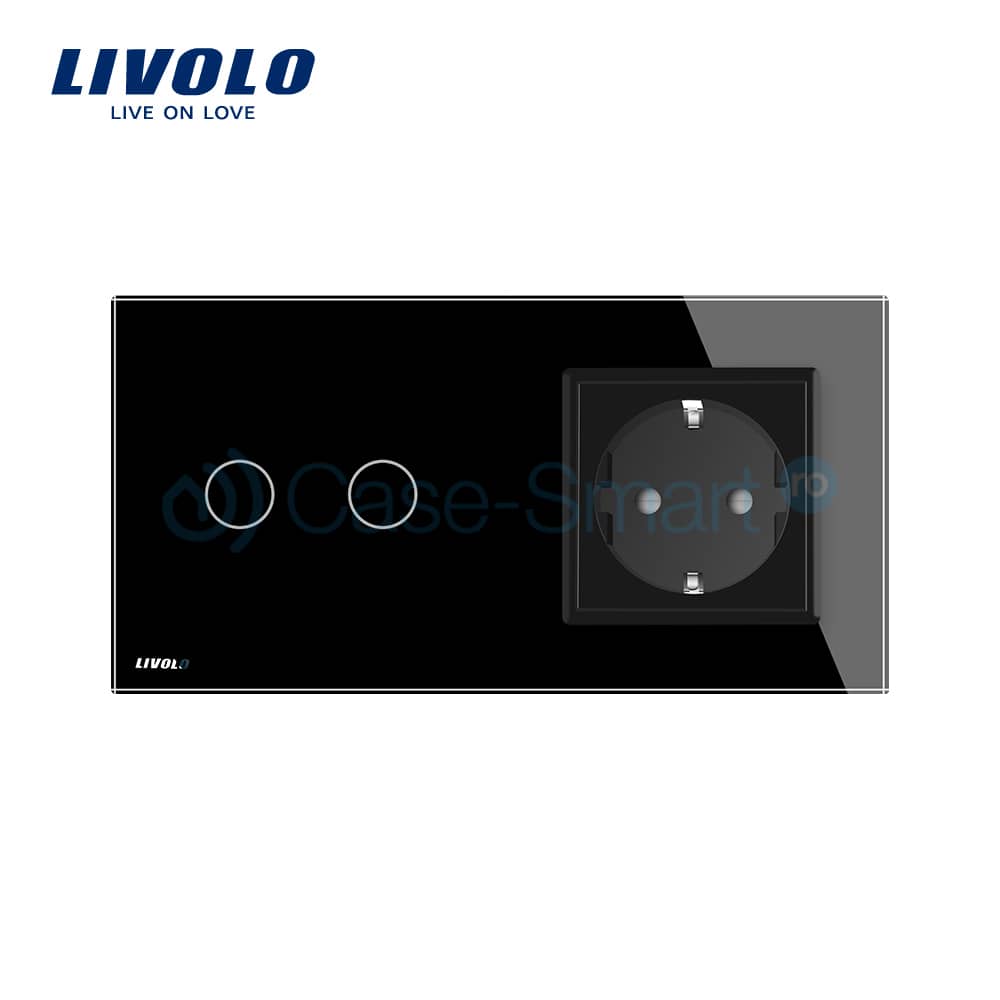 Intrerupator dublu cap scara / cap cruce + priza simpla Livolo rama din sticla — imaginea 2