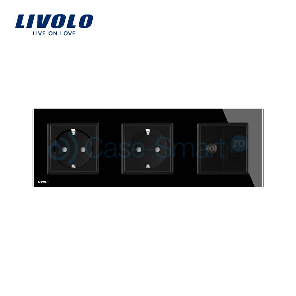 Priza tripla Livolo cu rama din sticla 2 prize simple+TV/internet — imaginea 2