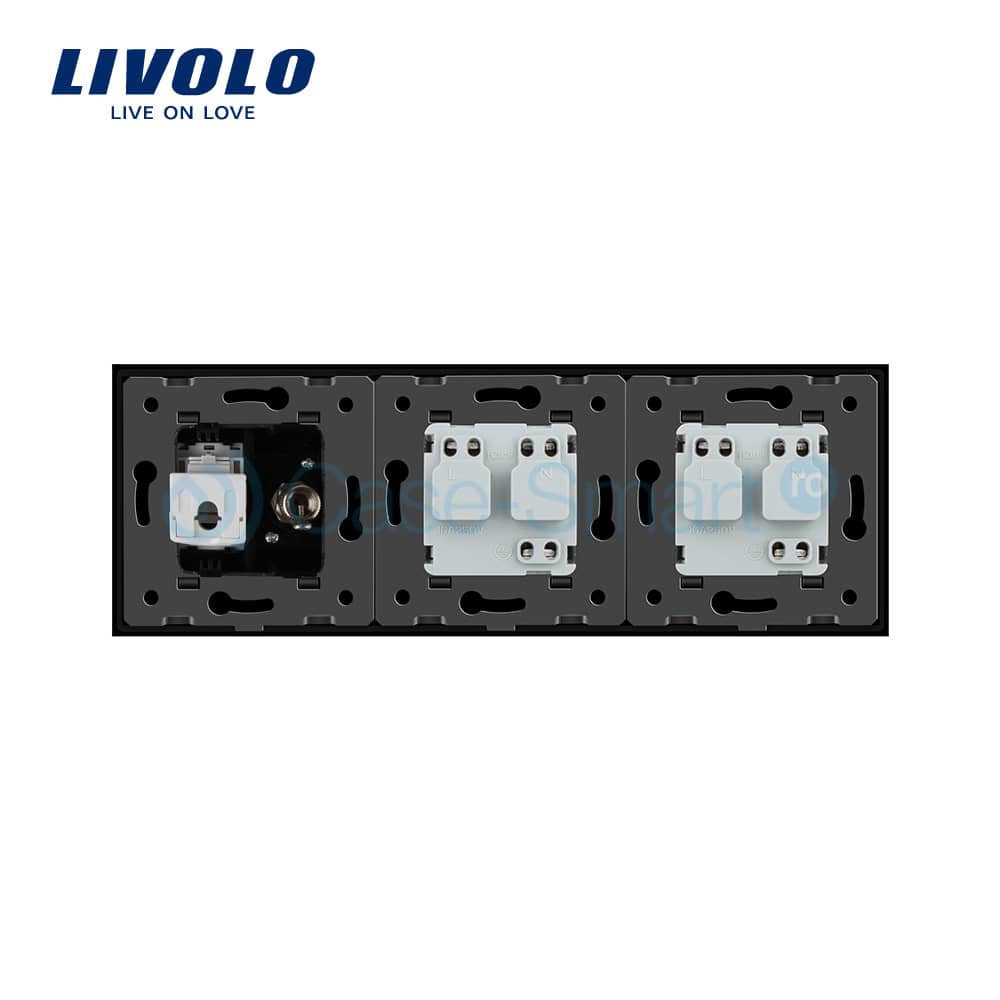 Priza tripla Livolo cu rama din sticla 2 prize simple+TV/internet — imaginea 3