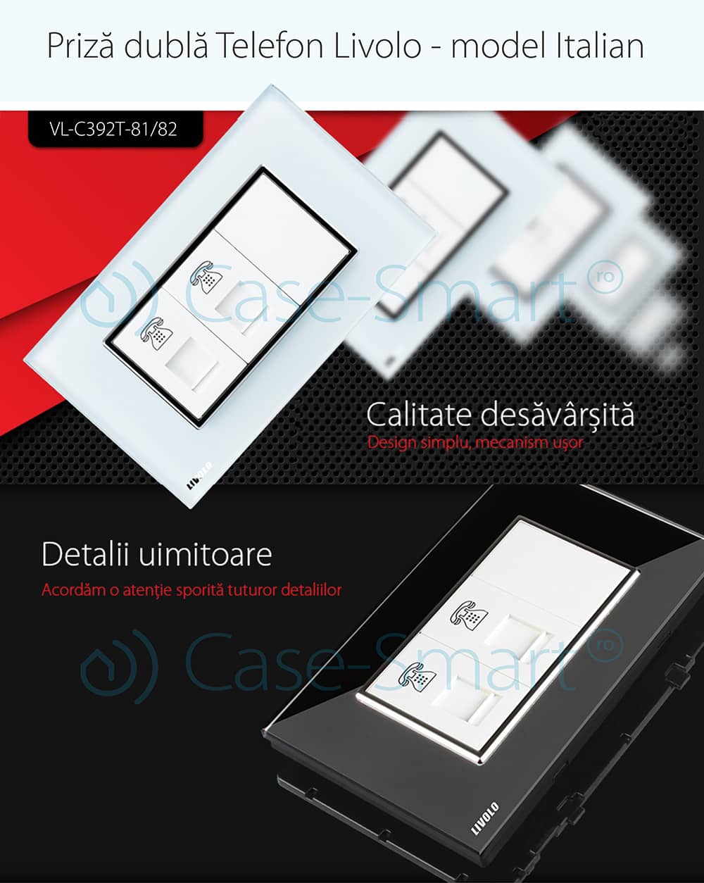 Priza dubla Telefon Livolo cu rama din sticla - standard italian — imaginea 2