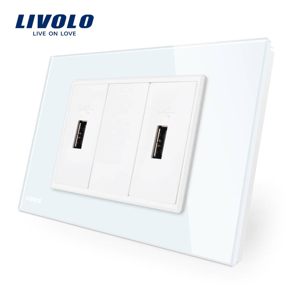 Priza dubla USB Livolo cu rama din sticla - standard italian — imaginea 1
