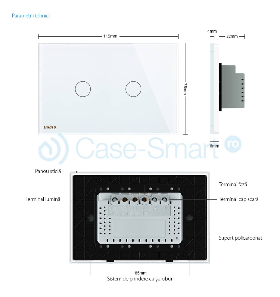 Intrerupator dublu cu variator cu touch Livolo din sticla - standard italian — imaginea 2