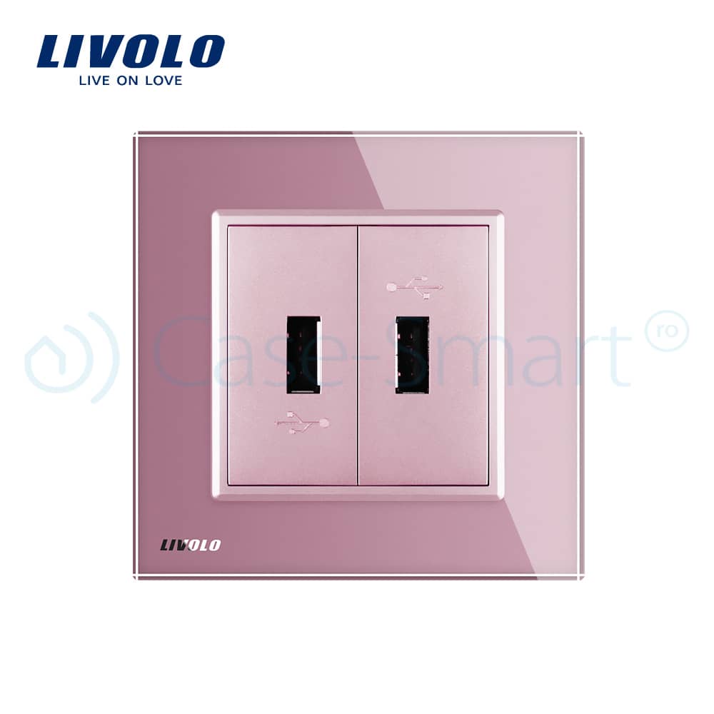Priza dubla USB Livolo cu rama din sticla — imaginea 2