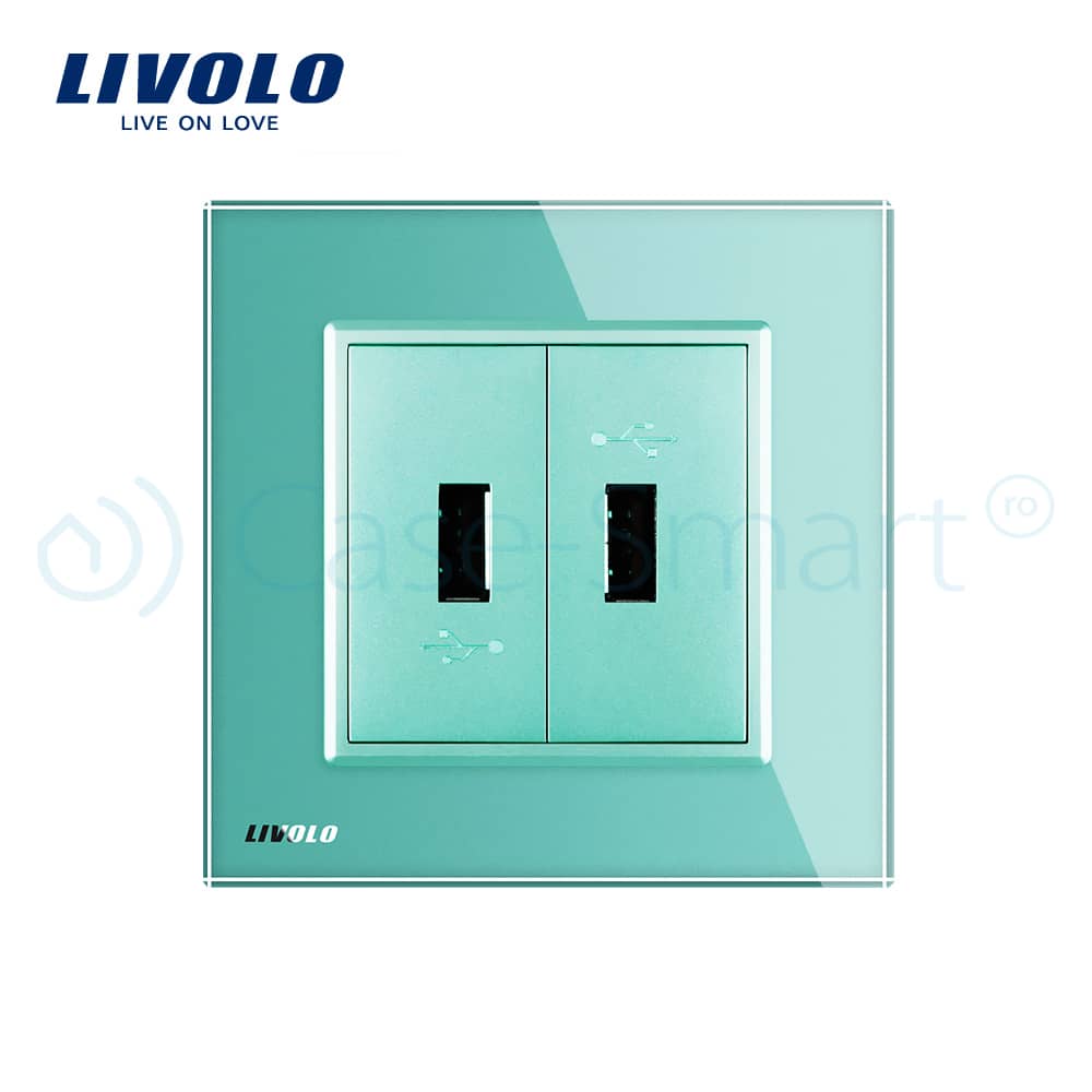 Priza dubla USB Livolo cu rama din sticla — imaginea 2