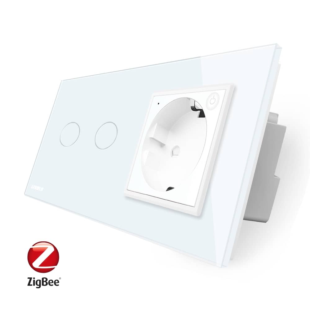 Intrerupator dublu ZigBee + priza simpla ZigBee Livolo, rama din sticla, Control de pe telefon — imaginea 1
