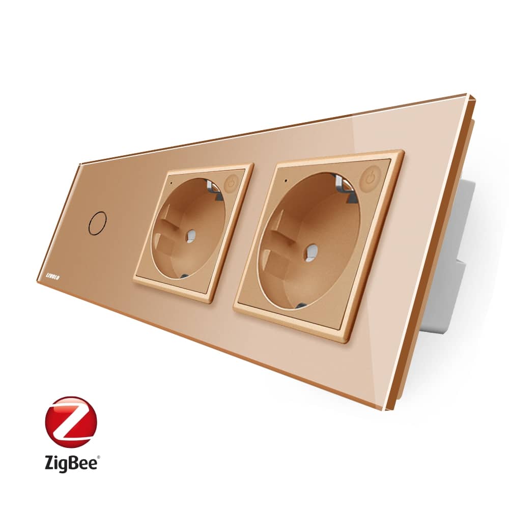Intrerupator LIVOLO simplu ZigBee cu touch si 2 prize din sticla ZigBee, Control de pe telefon — imaginea 1