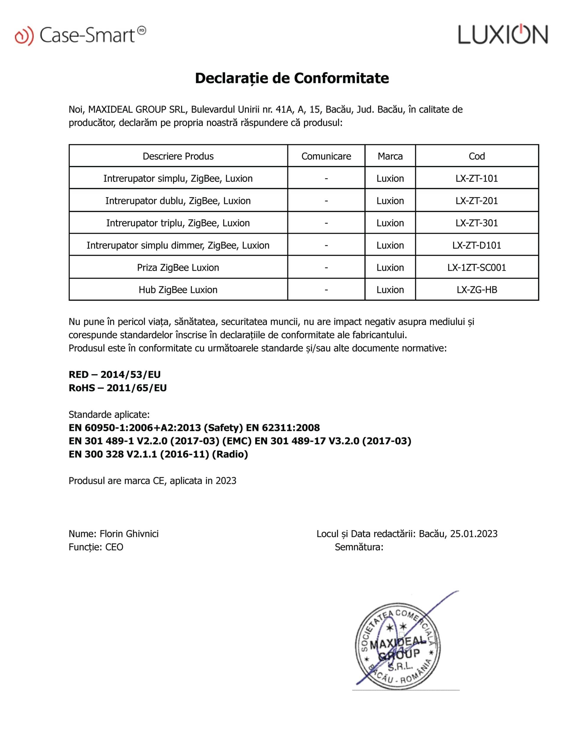 Declarație de conformitate: Zigbee