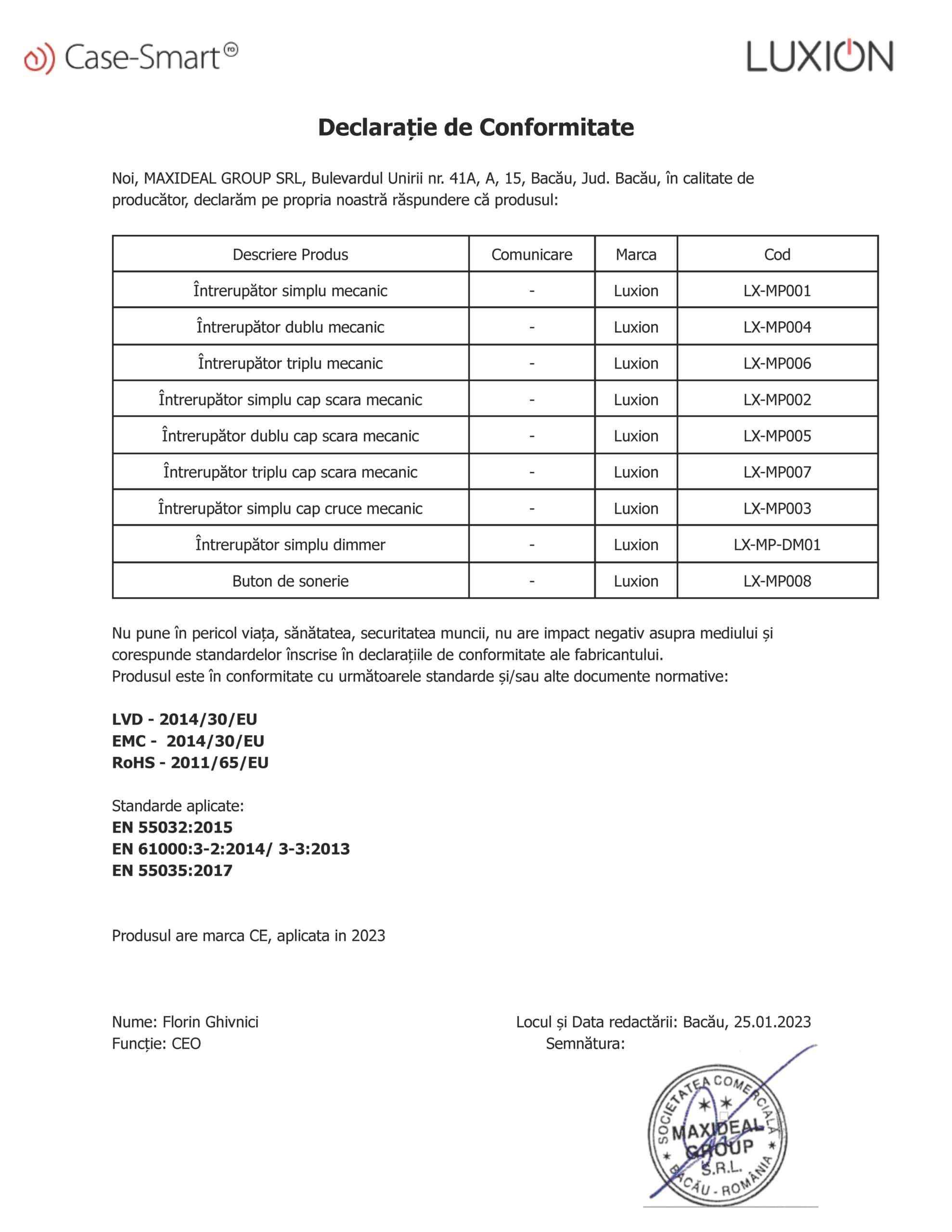 Certificat: întrerupătoare mecanice