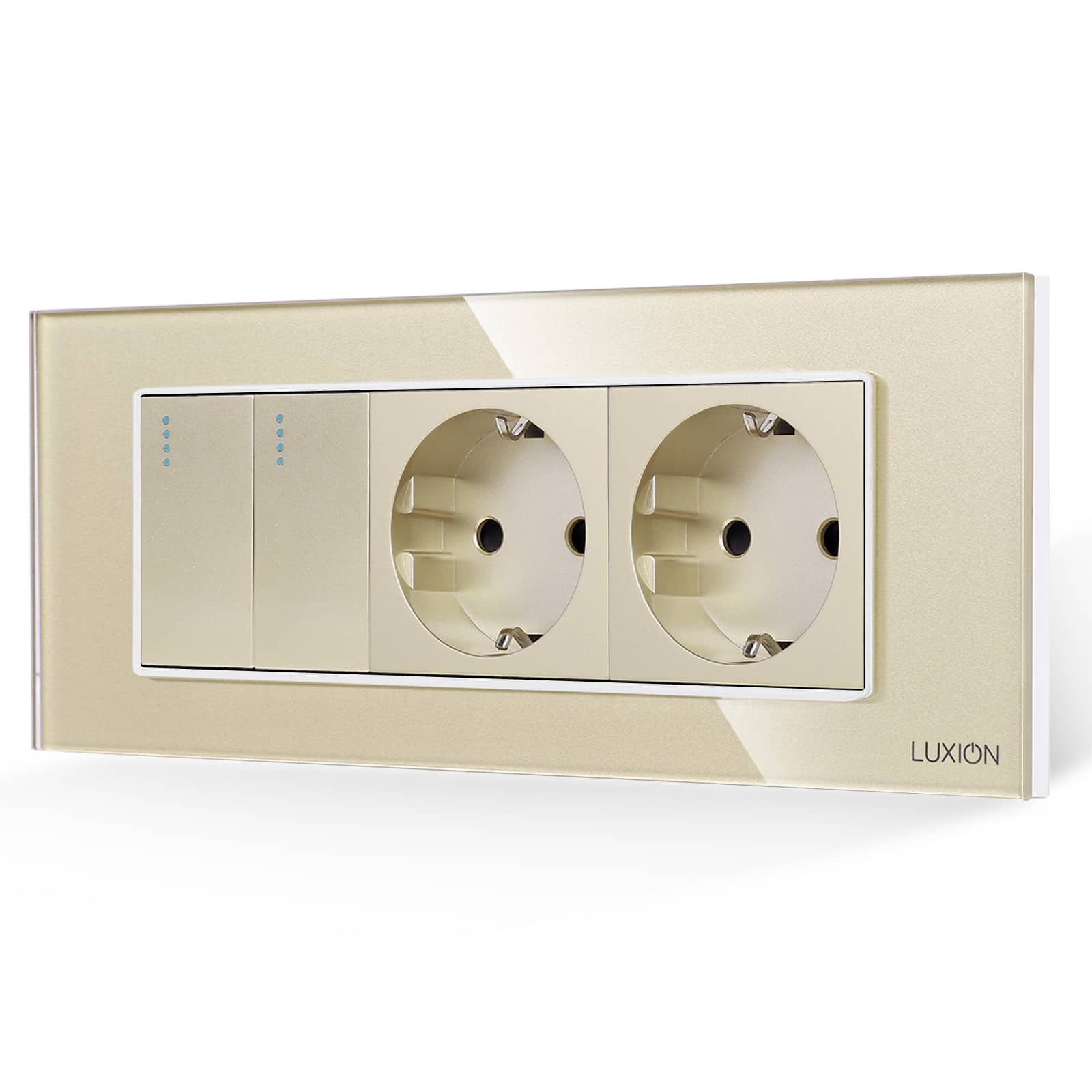 Intrerupator Dublu + 2 Prize cu Rama din Sticla LUXION, Standard Italian, 6M — imaginea 1