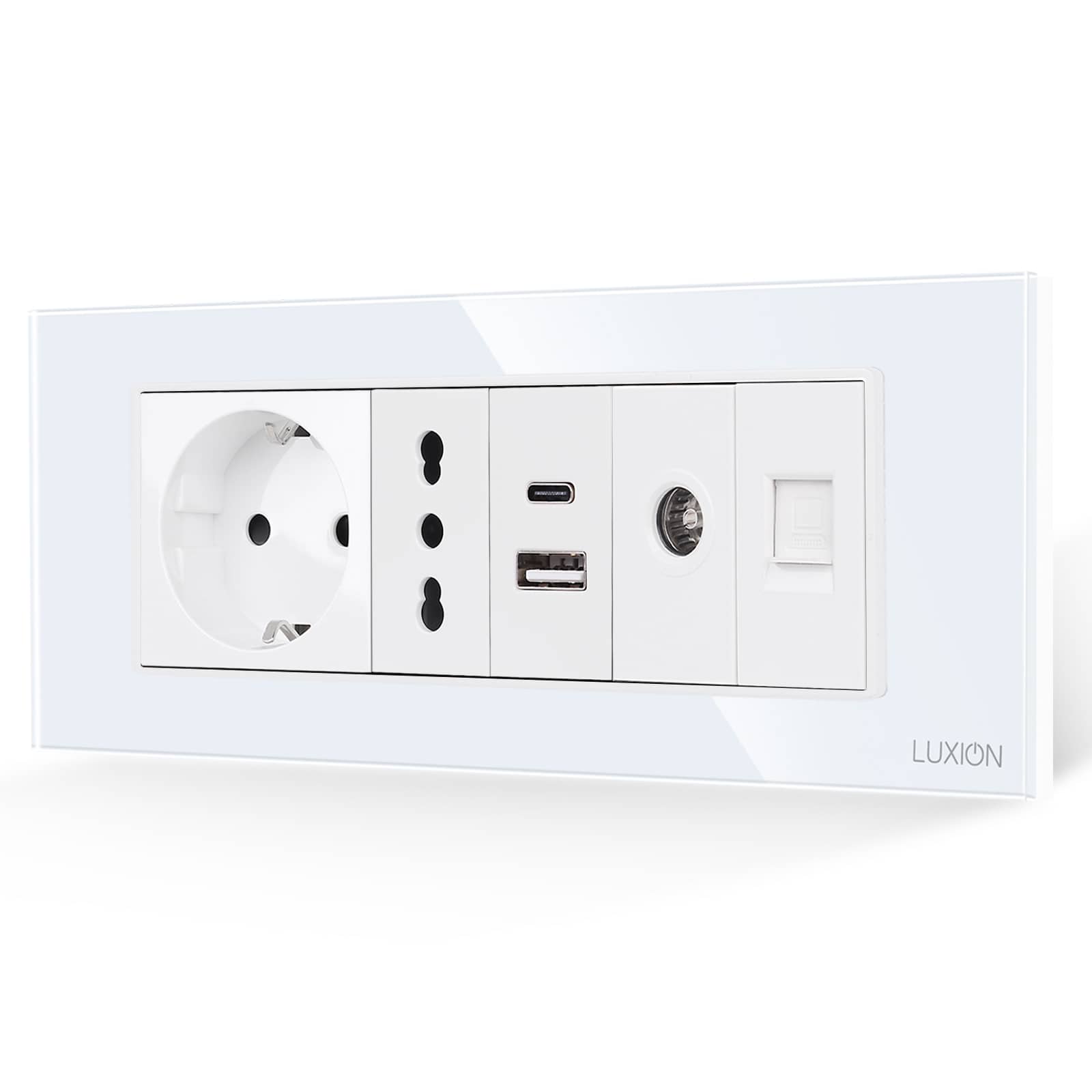 Priza Schuko + Ingusta + Dubla USB + TV + Internet cu Rama Din Sticla LUXION, Standard Italian, 6M — imaginea 1