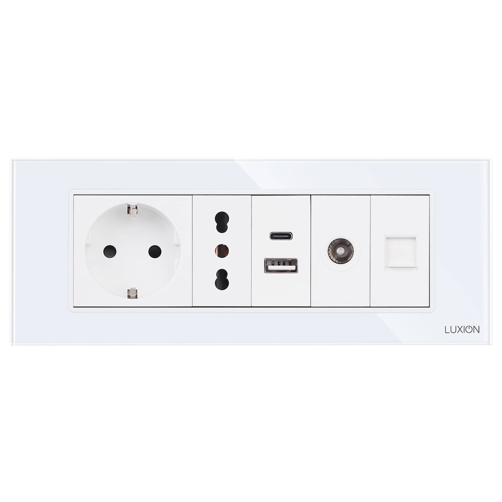 Priza Schuko + Ingusta + Dubla USB + TV + Internet cu Rama Din Sticla LUXION, Standard Italian, 6M — imaginea 2