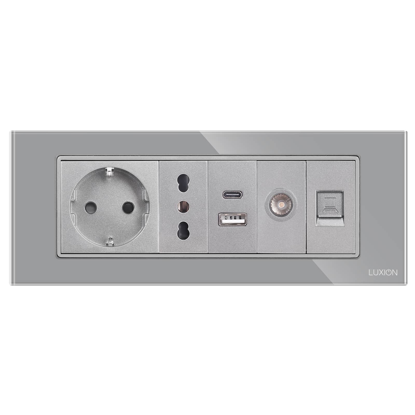 Priza Schuko + Ingusta + Dubla USB + TV + Internet cu Rama Din Sticla LUXION, Standard Italian, 6M — imaginea 2