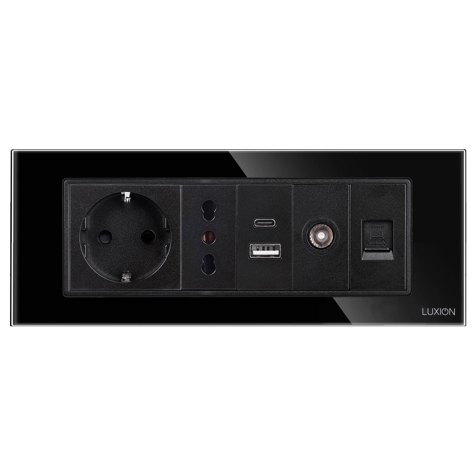 Priza Schuko + Ingusta + Dubla USB + TV + Internet cu Rama Din Sticla LUXION, Standard Italian, 6M — imaginea 2