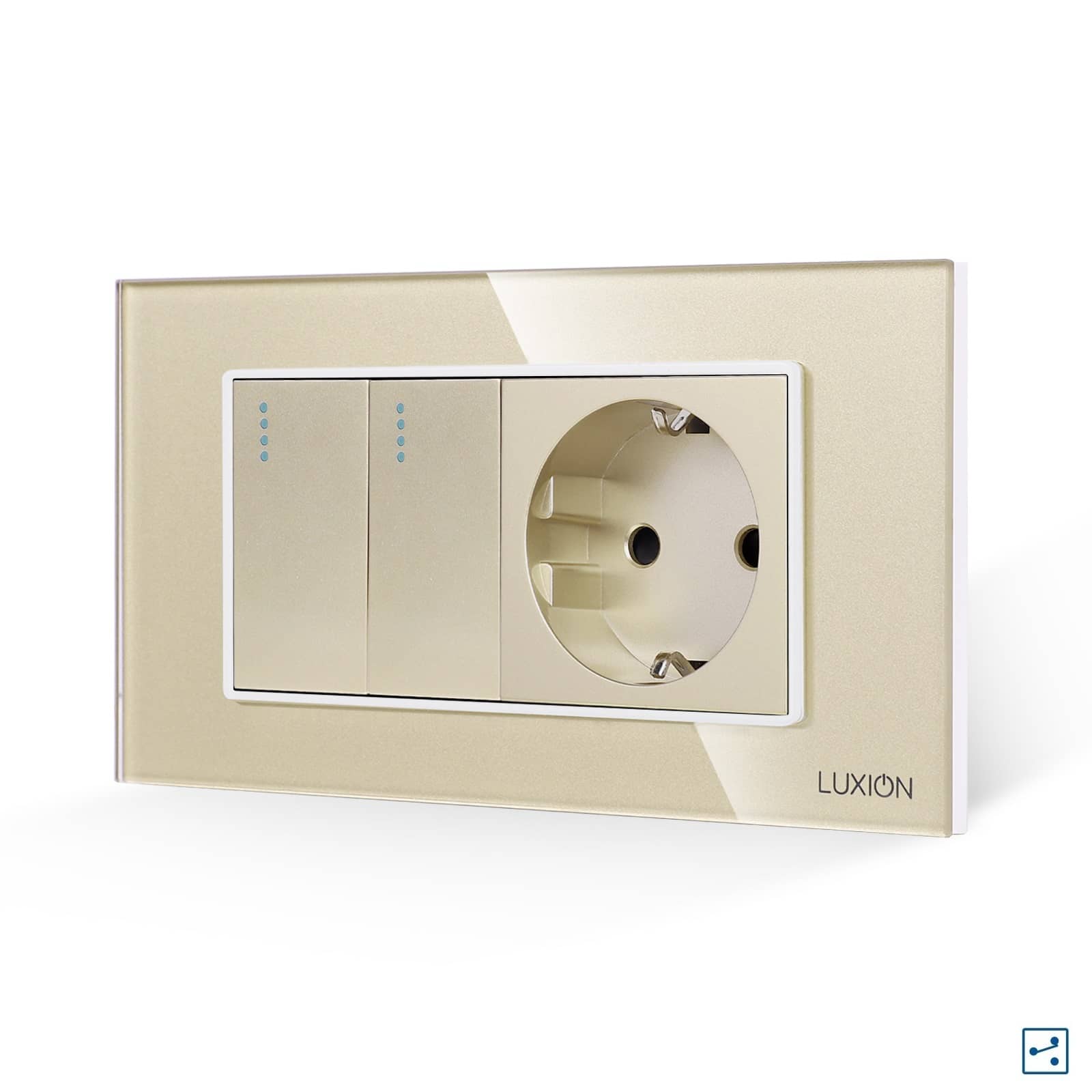 Intrerupator Dublu Cap Scara + Priza cu Rama din Sticla LUXION, Standard Italian, 4M — imaginea 1
