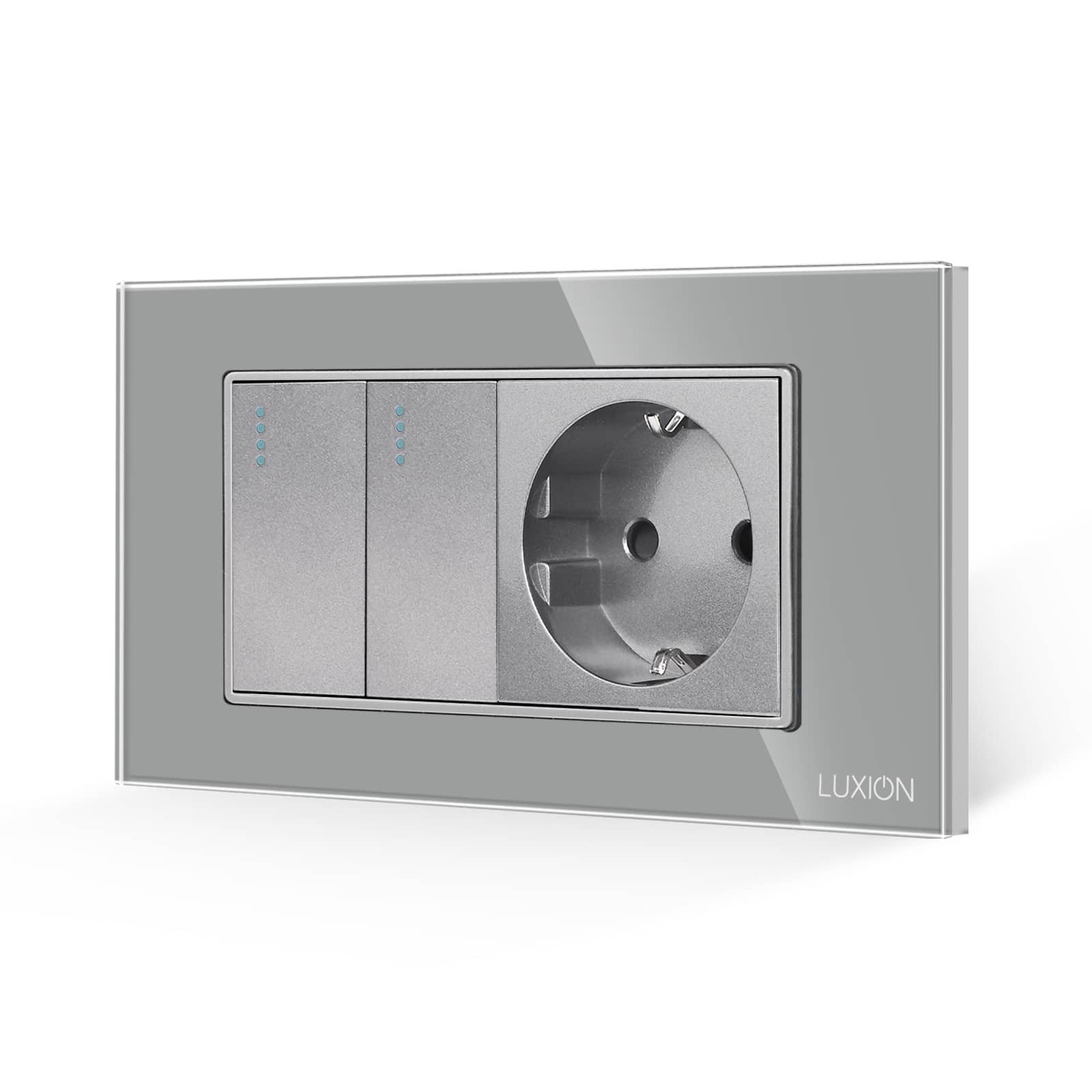 Intrerupator Dublu + Priza cu Rama din Sticla LUXION, Standard Italian, 4M — imaginea 1