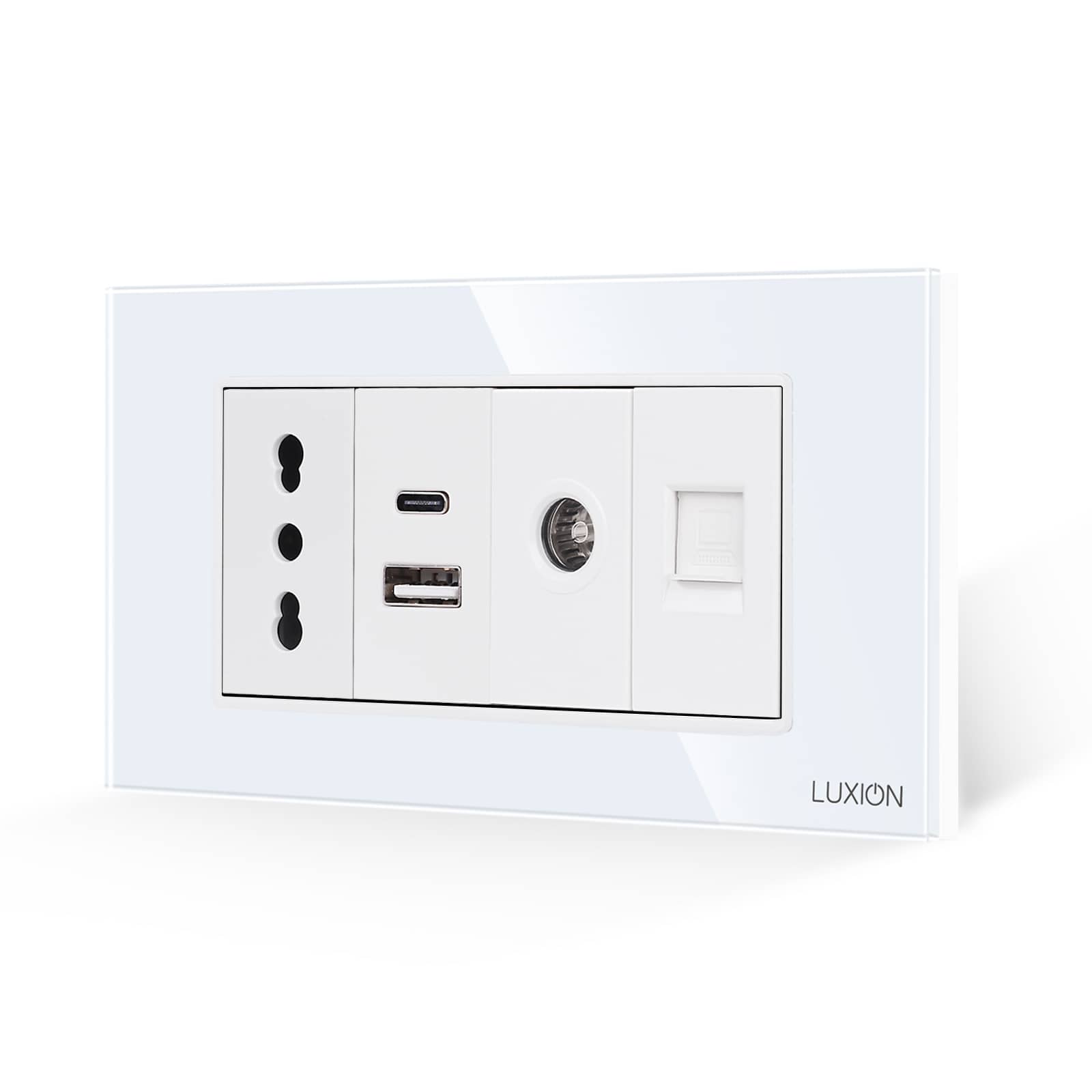 Priza Ingusta + Dubla USB + TV + Internet cu Rama Din Sticla LUXION, Standard Italian, 4M — imaginea 1