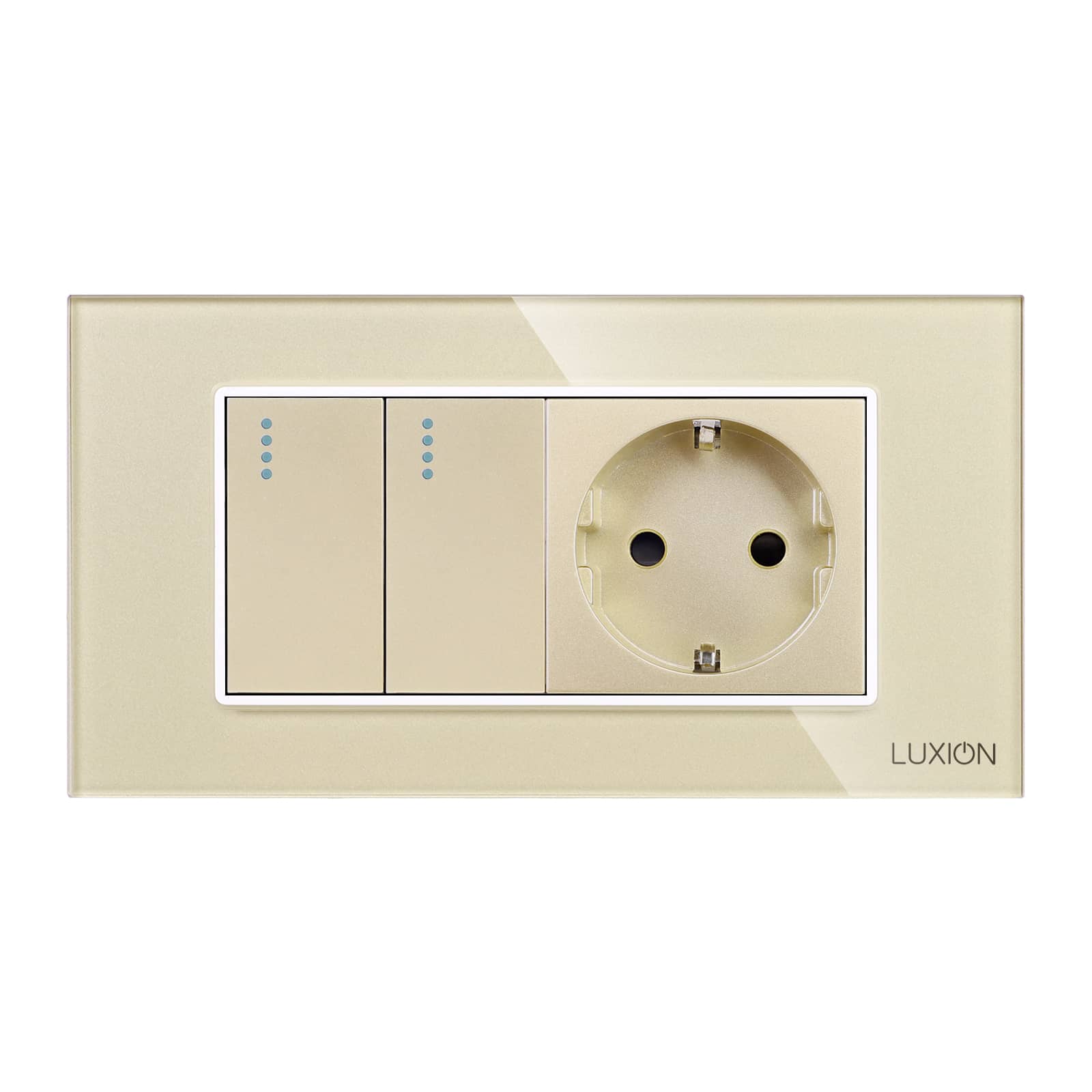 Intrerupator Dublu Cap Scara + Priza cu Rama din Sticla LUXION, Standard Italian, 4M — imaginea 2