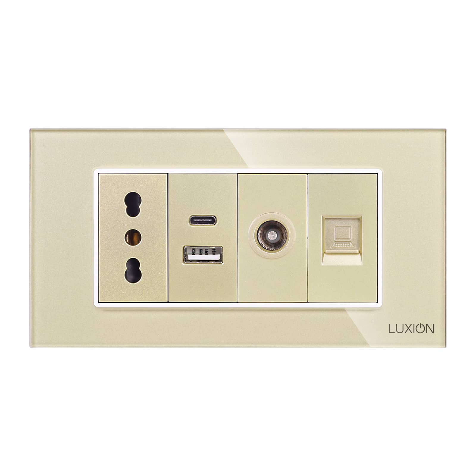 Priza Ingusta + Dubla USB + TV + Internet cu Rama Din Sticla LUXION, Standard Italian, 4M — imaginea 2