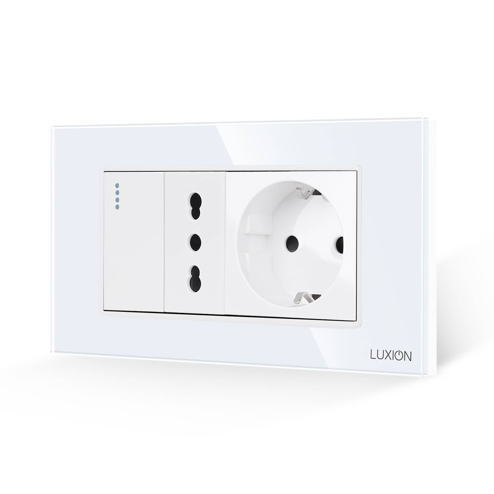Intrerupator Simplu + Priza Ingusta + Priza Schuko cu Rama din Sticla LUXION, Standard Italian, 4M — imaginea 1
